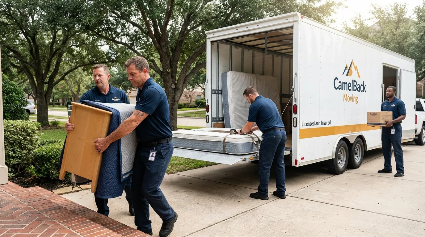 Crew loading residential truck for cross-state move from Danville, AR