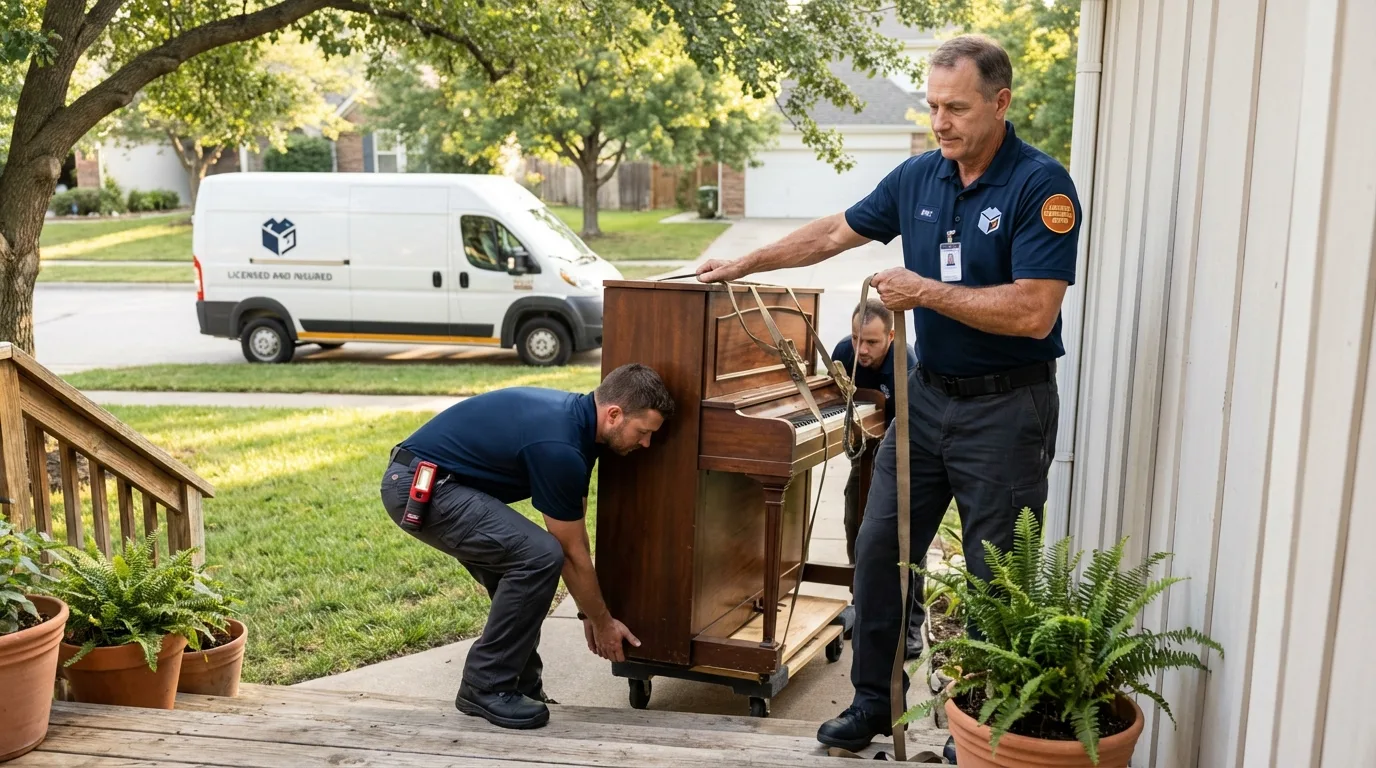 Licensed piano movers securing grand piano in Danville, AR