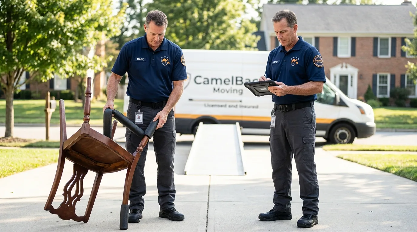Movers inspecting furniture for damage prevention before loading in Danville, AR