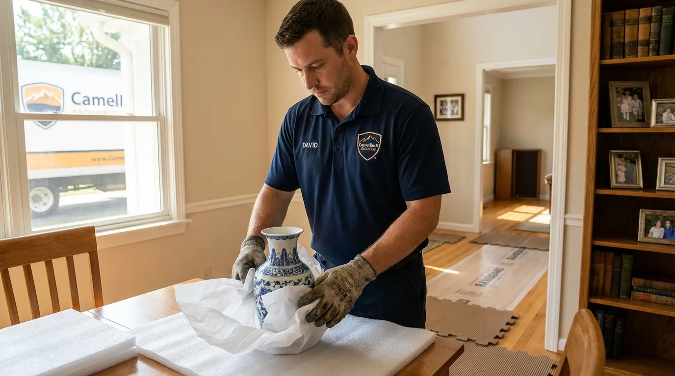Professional crew carefully wrapping antique vase for senior downsizing move in Danville, AR